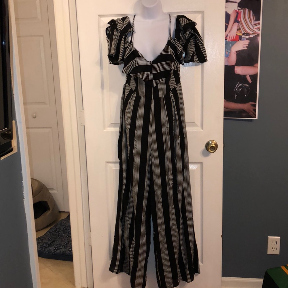 Favlux striped floating sleeve belted jumpsuit L